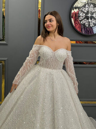 Exquisite Off-Shoulder Beaded Ball Gown with Illusion Sleeves