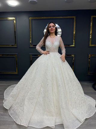 Radiant Beaded Illusion Sweetheart Ball Gown with Sheer Long Sleeves