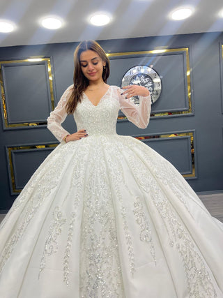 Opulent V-Neck Beaded Ball Gown with Sheer Long Sleeves