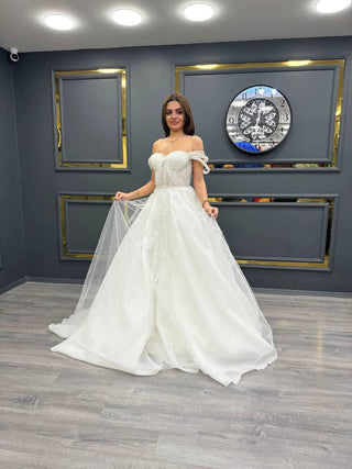 Luxurious Off-the-Shoulder Beaded Tulle Ball Gown with Intricate Detailing