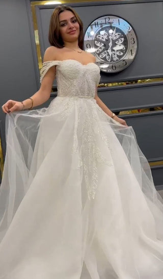 Luxurious Off-the-Shoulder Beaded Tulle Ball Gown with Intricate Detailing