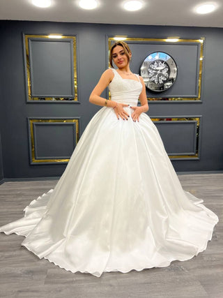 Regal Beaded Satin Ball Gown with Draped Bodice and Delicate Straps