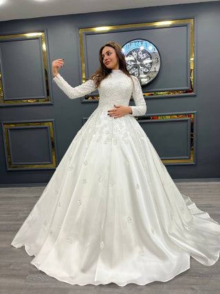 Ships in 1 to 3 Days – Luxurious Long-Sleeve Beaded Ball Gown with High Neckline and Intricate Embellishments - Larosabride's Exclusive