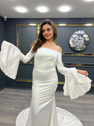 Sophisticated Off-Shoulder Satin Mermaid Gown with Flared Bell Sleeves and Elegant Train