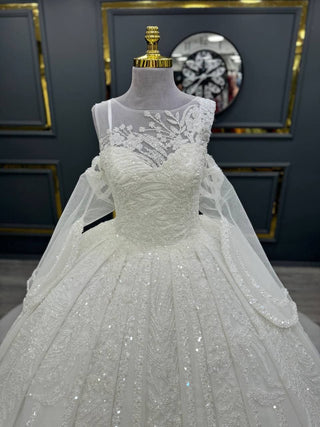 Grand Beaded Lace Ball Gown with Illusion Neckline and Regal Train