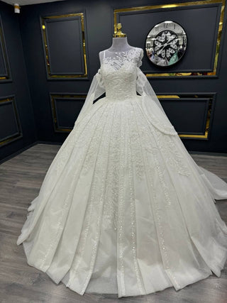 Grand Beaded Lace Ball Gown with Illusion Neckline and Regal Train