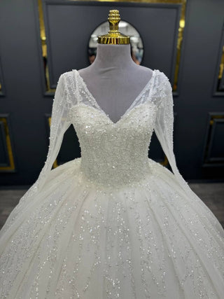 Exquisite Long-Sleeve Beaded Ball Gown with V-Neckline and Glittering Embellishments