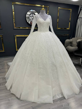 Exquisite Long-Sleeve Beaded Ball Gown with V-Neckline and Glittering Embellishments