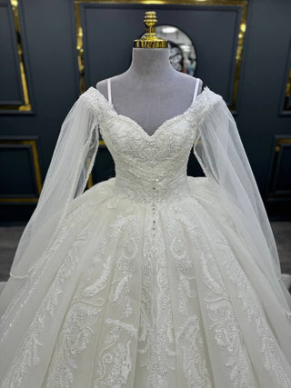 Opulent Off-the-Shoulder Beaded Ball Gown with Lace Appliqué and Flowing Sleeves - Larosabride's Exclusive