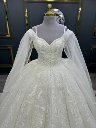 Opulent Off-the-Shoulder Beaded Ball Gown with Lace Appliqué and Flowing Sleeves