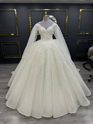 Opulent Off-the-Shoulder Beaded Ball Gown with Lace Appliqué and Flowing Sleeves - Larosabride's Exclusive