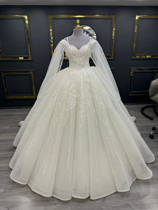 Opulent Off-the-Shoulder Beaded Ball Gown with Lace Appliqué and Flowing Sleeves