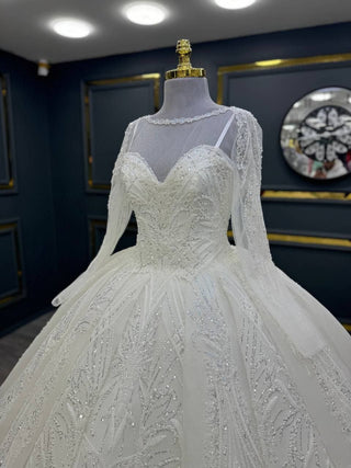 Exquisite Illusion Beaded Ball Gown with Long Sleeves and Intricate Embroidery