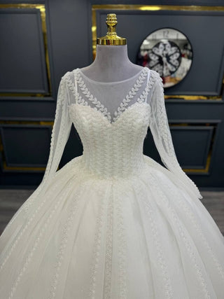 Majestic Illusion Neckline Beaded Ball Gown with Long Sleeves and Vertical Embellishments