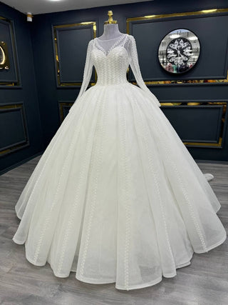 Majestic Illusion Neckline Beaded Ball Gown with Long Sleeves and Vertical Embellishments