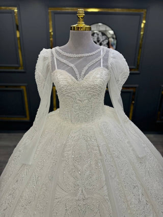 Opulent Illusion Neckline Beaded Ball Gown with Intricate Appliqué and Draped Sleeves