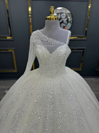 Luxurious One-Shoulder Glitter Ball Gown with Asymmetric Beaded Bodice and Full Skirt