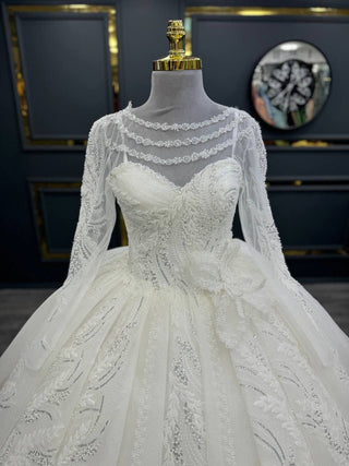 Opulent Illusion Lace Ball Gown with Delicate Beading and Elegant Long Sleeves with Small Knot