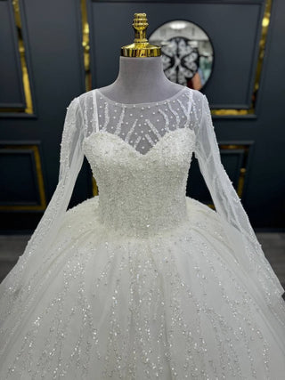 Sumptuous Illusion Lace Ball Gown with Exquisite Beading and Elegant Long Sleeves