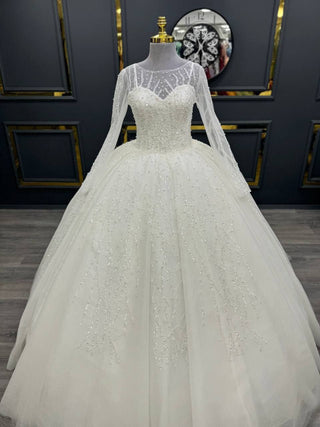 Sumptuous Illusion Lace Ball Gown with Exquisite Beading and Elegant Long Sleeves