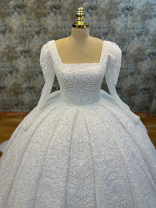 Magnificent Beaded Lace Ball Gown with Square Neckline and Draped Sleeves