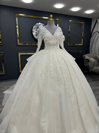 Lavish V-Neck Ball Gown with Intricate Beaded Lace and Dramatic Long Sleeves