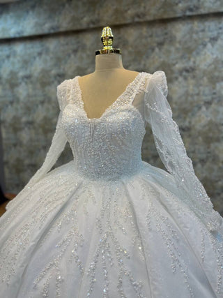 Elegant V-Neck Ball Gown with Intricate Beaded Lace and Graceful Long Sleeves