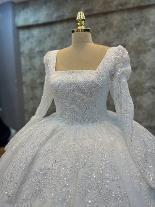 Opulent Square Neck Ball Gown with Intricate Beaded Embroidery and Regal Long Sleeves