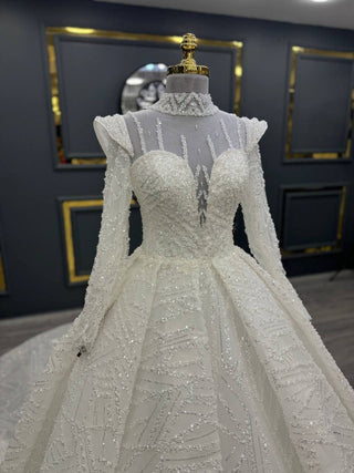 Intricate Lace Beaded Ball Gown with Illusion High Neck and Long Sleeves