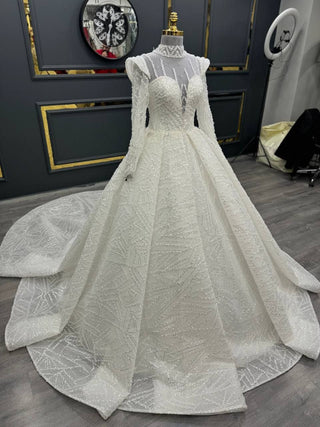 Intricate Lace Beaded Ball Gown with Illusion High Neck and Long Sleeves