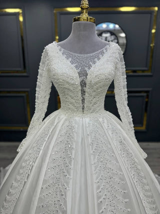 Majestic Illusion Plunge Ball Gown with Elaborate Beaded Embroidery and Long Sleeves