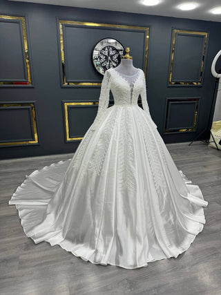 Majestic Illusion Plunge Ball Gown with Elaborate Beaded Embroidery and Long Sleeves