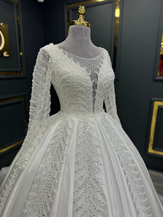 Majestic Illusion Plunge Ball Gown with Elaborate Beaded Embroidery and Long Sleeves