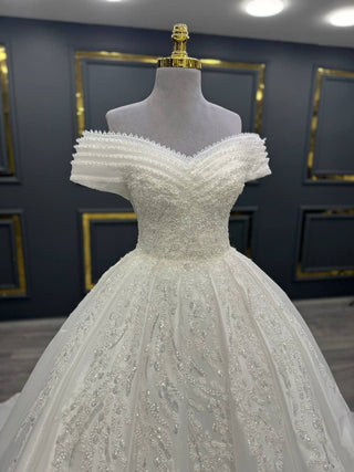 Exquisite Off-Shoulder Beaded Ball Gown with Embroidered Bodice and Flowing Train