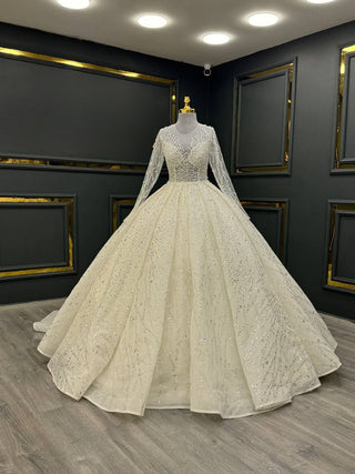 Opulent Beaded Illusion Ball Gown with Sheer Long Sleeves and Majestic Skirt