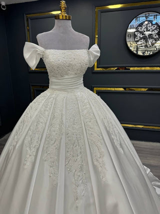 Opulent Off-Shoulder Beaded Ball Gown with Bow Sleeves and Embellished Skirt