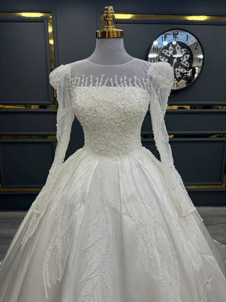 Luxurious Long-Sleeve Illusion Neckline Beaded Ball Gown