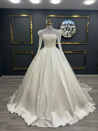 Luxurious Long-Sleeve Illusion Neckline Beaded Ball Gown