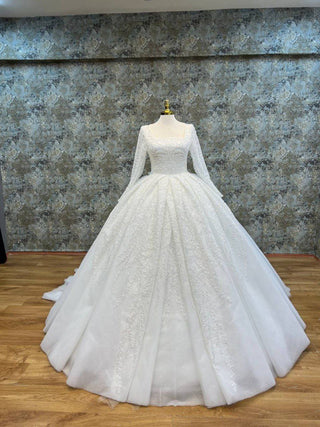 Exquisite Long-Sleeve Square Neckline Beaded Ball Gown with Intricate Embellishments and Luxurious Train