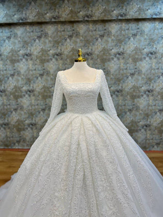 Exquisite Long-Sleeve Square Neckline Beaded Ball Gown with Intricate Embellishments and Luxurious Train