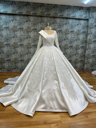 Regal Long-Sleeve Asymmetric Draped Sash and Beaded Ball Gown with Elegant Scoop Neckline and Luxurious Train