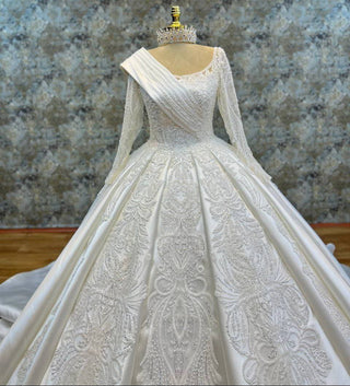 Regal Long-Sleeve Asymmetric Draped Sash and Beaded Ball Gown with Elegant Scoop Neckline and Luxurious Train