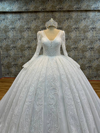 Imperial Long-Sleeve Beaded Ball Gown with V-Neckline and Royal Train