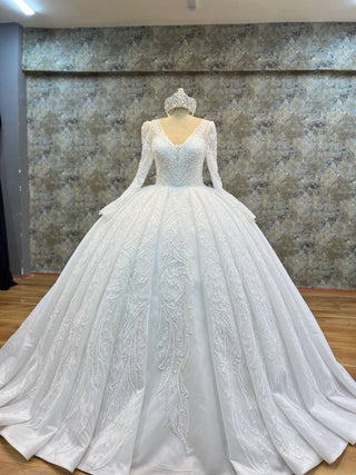 Imperial Long-Sleeve Beaded Ball Gown with V-Neckline and Royal Train