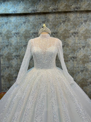 Opulent Long-Sleeve High Neck Beaded Ball Gown with Sparkling Embellishments and Luxurious Train