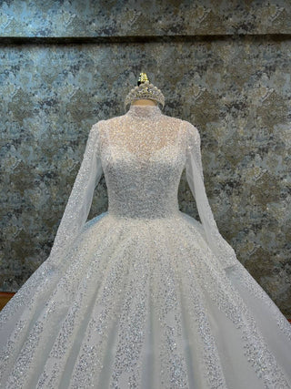 Opulent Long-Sleeve High Neck Beaded Ball Gown with Sparkling Embellishments and Luxurious Train