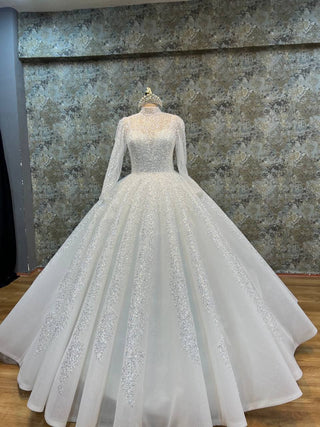 Opulent Long-Sleeve High Neck Beaded Ball Gown with Sparkling Embellishments and Luxurious Train