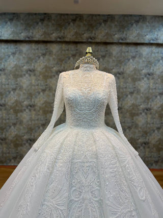 Elegant Long-Sleeve High Neck Beaded Ball Gown with Intricate Embellishments and Luxurious Train