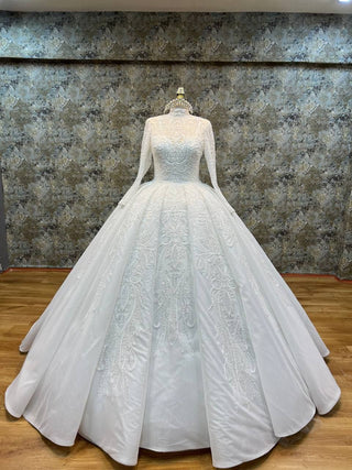 Elegant Long-Sleeve High Neck Beaded Ball Gown with Intricate Embellishments and Luxurious Train