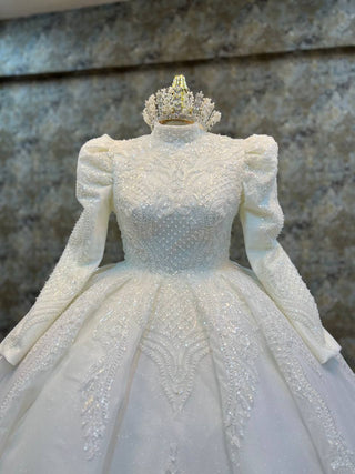 Regal High-Neck Beaded Ball Gown with Puff Sleeves and Intricate Embellishments